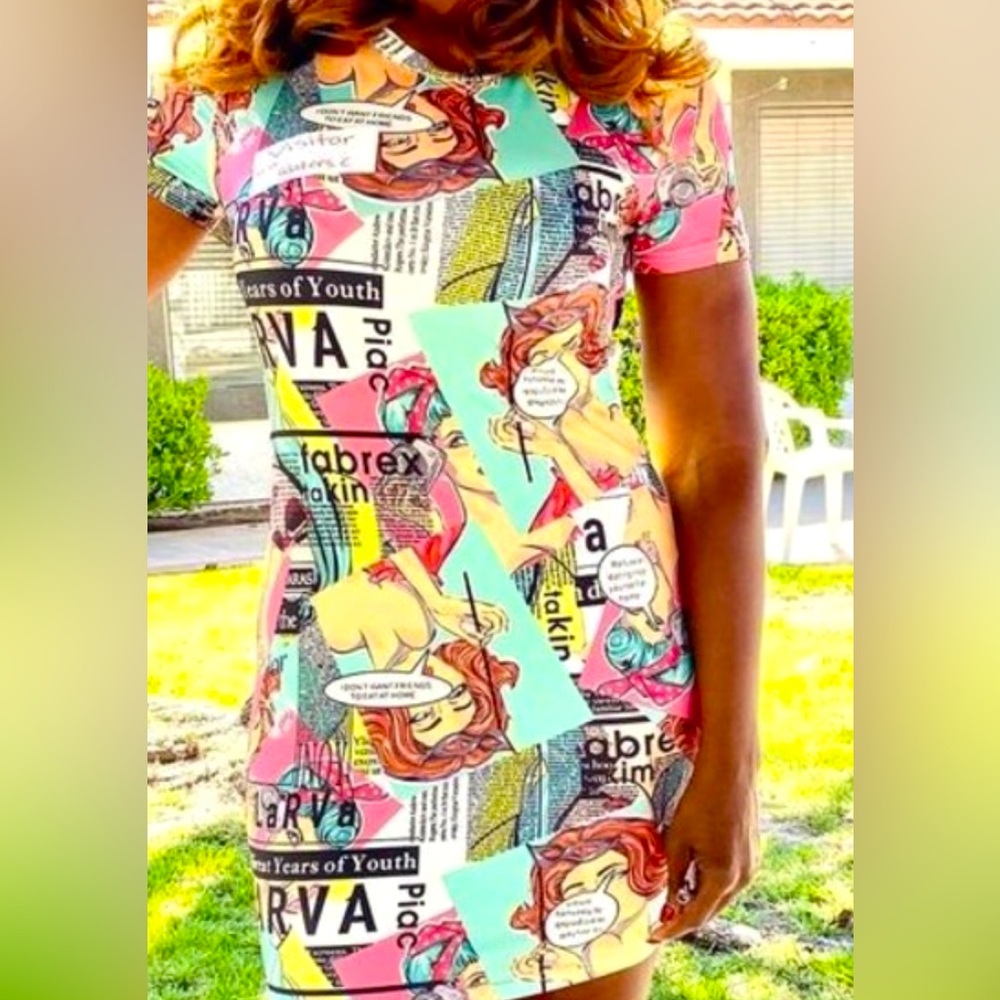 SHEIN Newspaper & Pop Art Print Mock-neck Dress SZ S